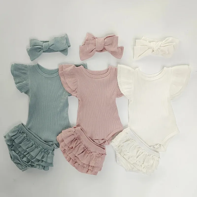 Vêtements de bébé fille de printemps nés 0-2t 3pcs vêtements pour tout-petits ensembles de couleur solide Coton côtelé avec bandeau