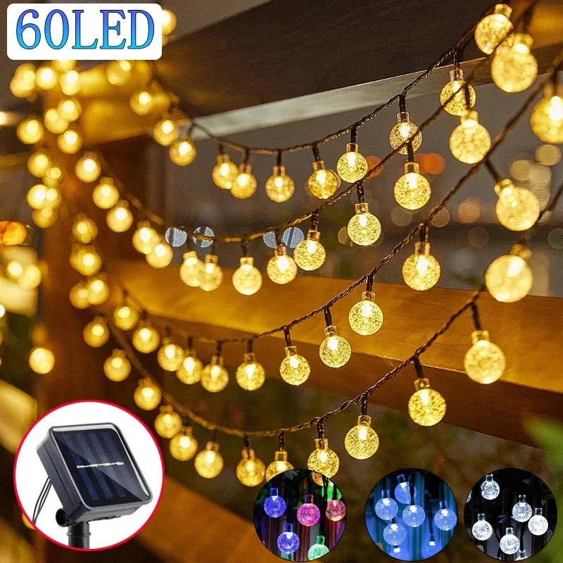 Solar Crystal Globe LED String Lights 60 8 أوضاع الإضاءة IP65 Fairy Light Christmas Garland for Garden Party Decor 1pc2pcs 240508