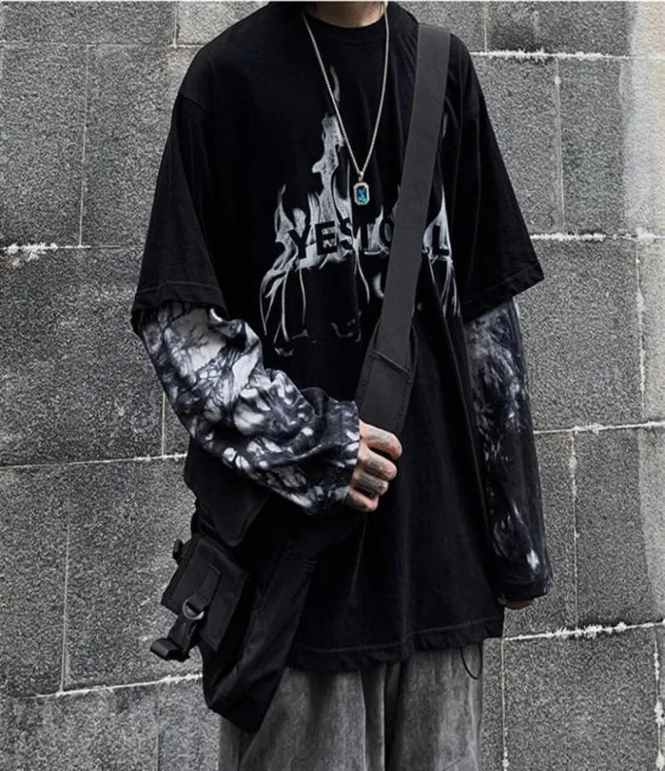 Januarsnow Black Hip Hop T -Shirt Herren Casual Autumn Tops T -Shirt zwei Stücke Langarm Männer T -Shirt Mode Japan T -Shirt Streetw1251322