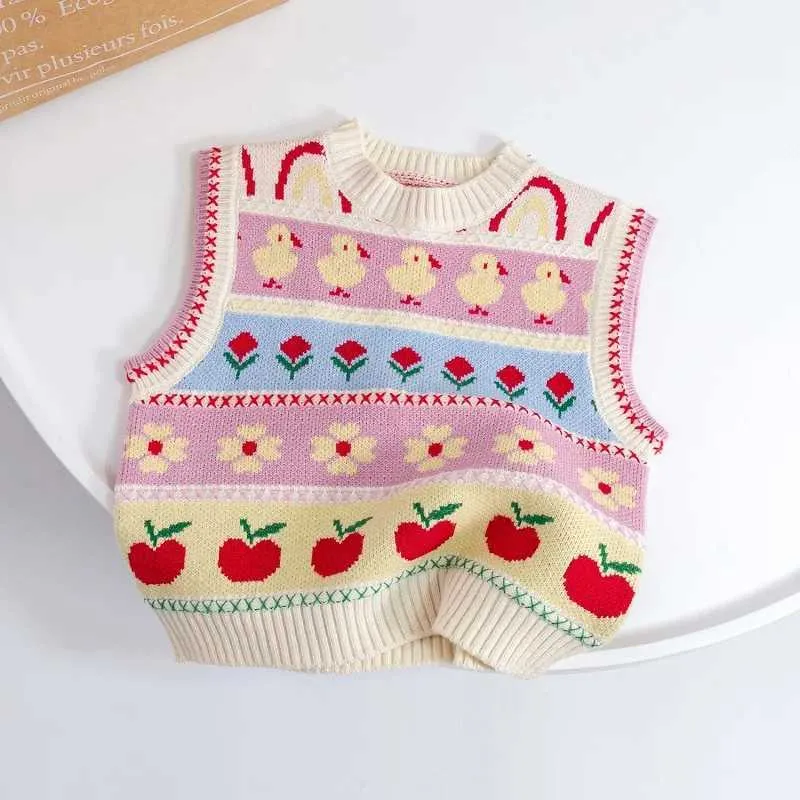 Définit un pull pour enfants pour fille en tricot tricoté automne Nouvelle saison ronde couche rayure douce sweet motif sans manches Q240508