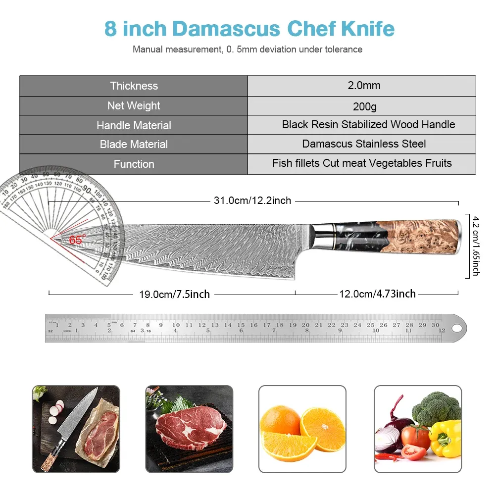 Chef-kok mes 8 inch mes damascus Japans VG-10 super stalen scheermesscherp gesneden vis sashimi mes vol tanggreep chef's mes