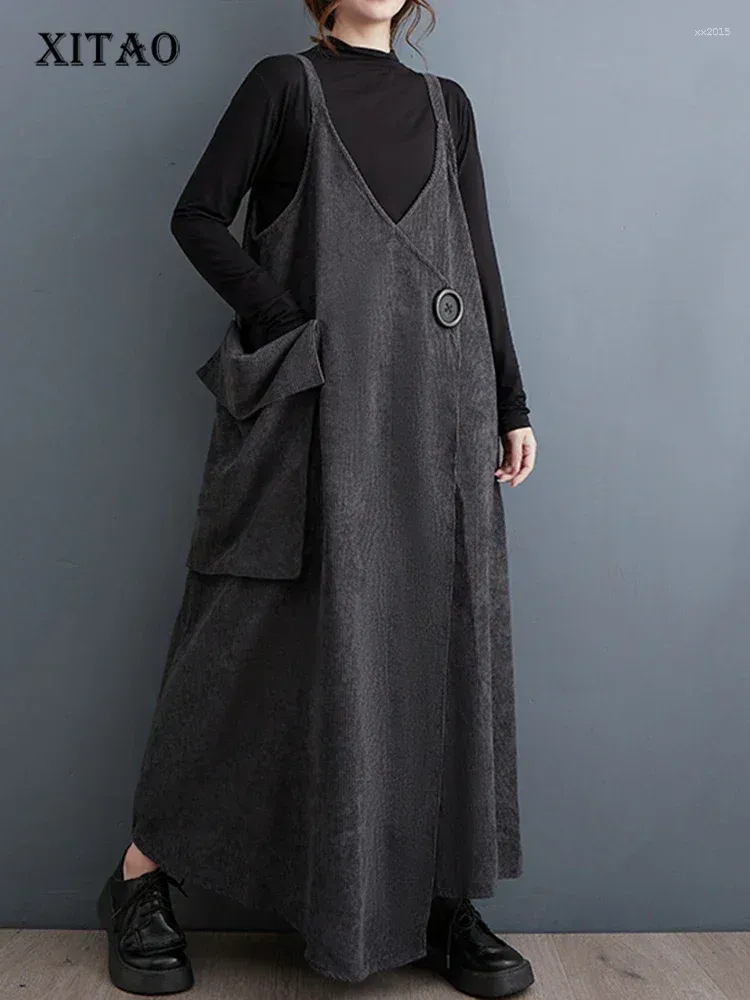 Robes décontractées Xitao Sling Robe en vil V V mode simplicité Couleur de couleur solide Tempérament de personnalité 2024 Spring Women Lyd1263