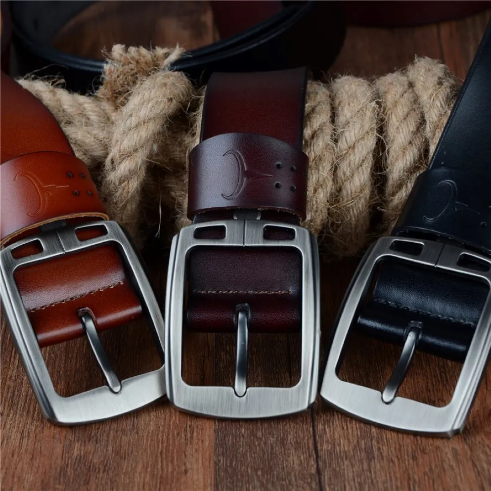 Cowather Cowhide Véritable ceintures en cuir pour hommes Strap de marque Boucle de broche mâle Boule de jeans vintage 100-150 cm de long tour 30-52 XF001 201117 258i