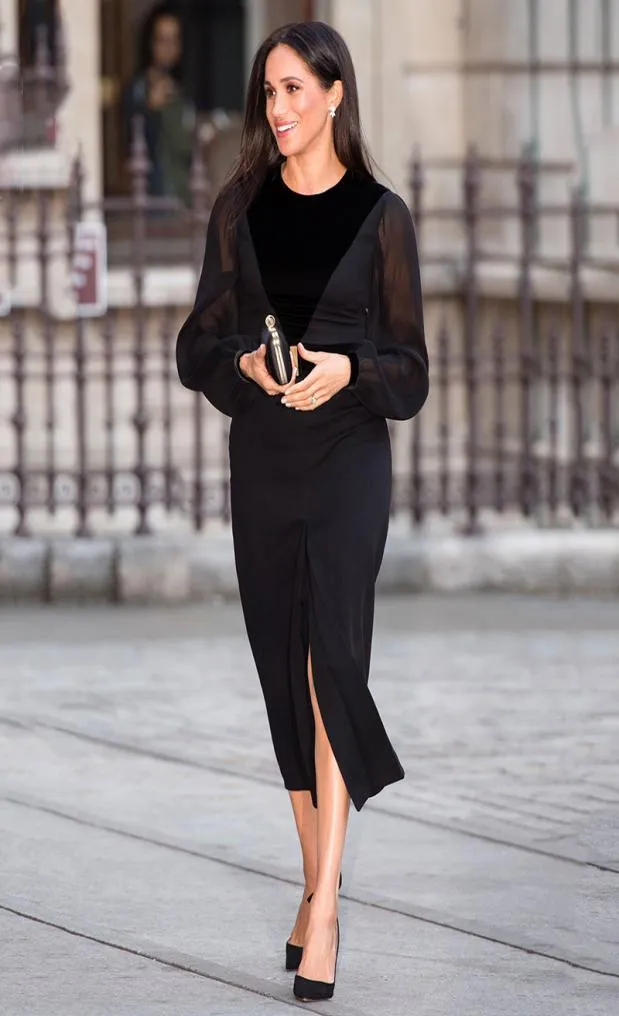 Meghan Markle Prinzessin Frauen Kleid Velvet Abendkleid schiere Langarm schwarze Kleider mit Gürtel1662162