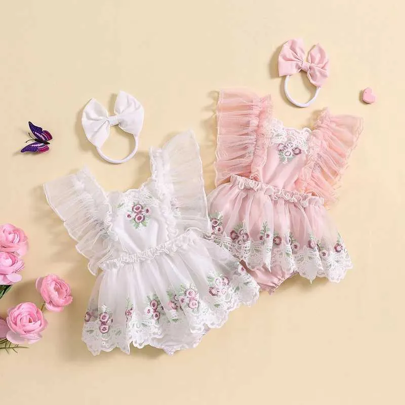 Rompers Baby Girl Rober Rober Robe en dentelle Broderie de fleur de fleur Tutu Princesse 1-Piece BodySity Cake Smash tenue photo Shoot H240508