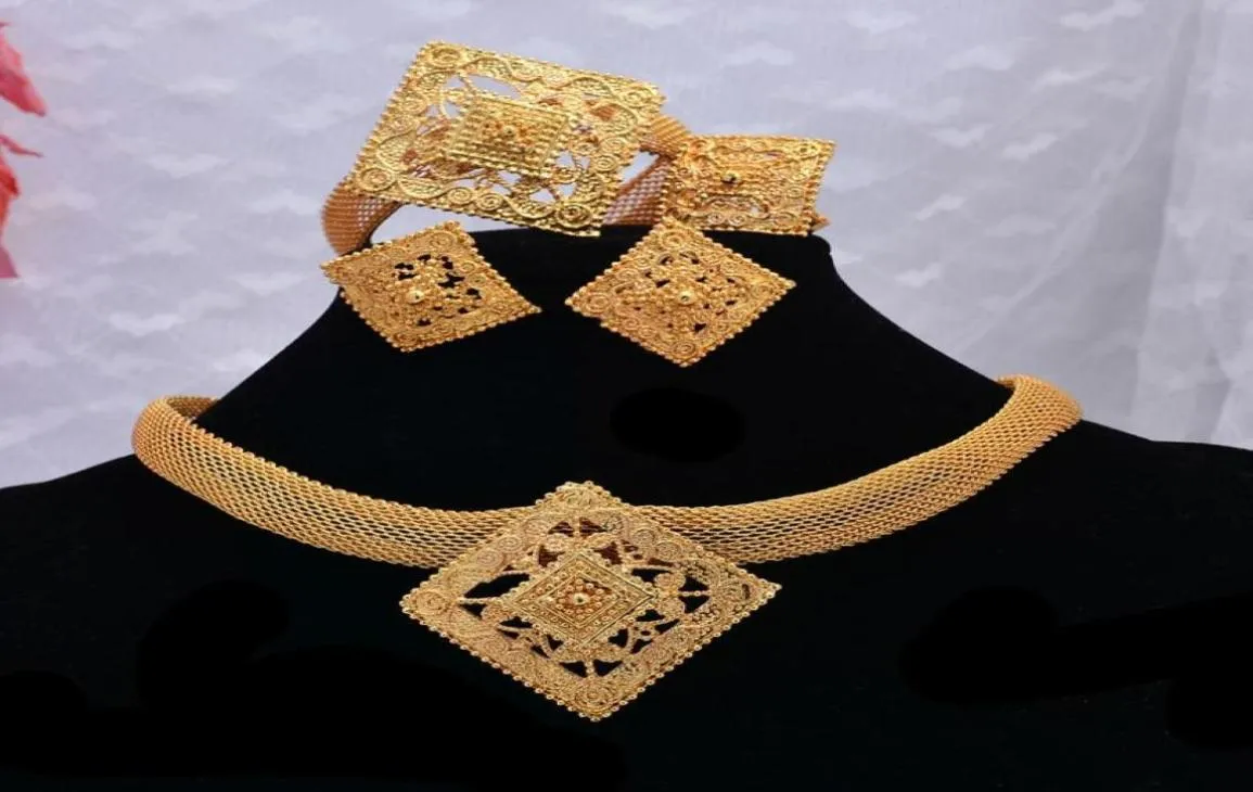Kolczyki Naszyjnik 24K Dubaj Cyrron Zestawy biżuterii Złota Kolor dla kobiet Bransoletka Pierścień Weddna żona Prezenty Set7101190