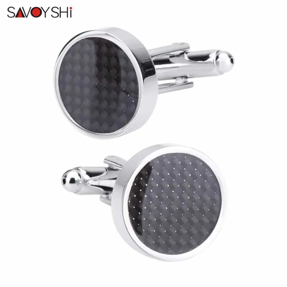 Cuff Links Savoyshi Black Carbon Fiber Mens Cufflinks Camisa Cufflinks Circular Silver Bufflinks Brand Men Jewelry Q240508