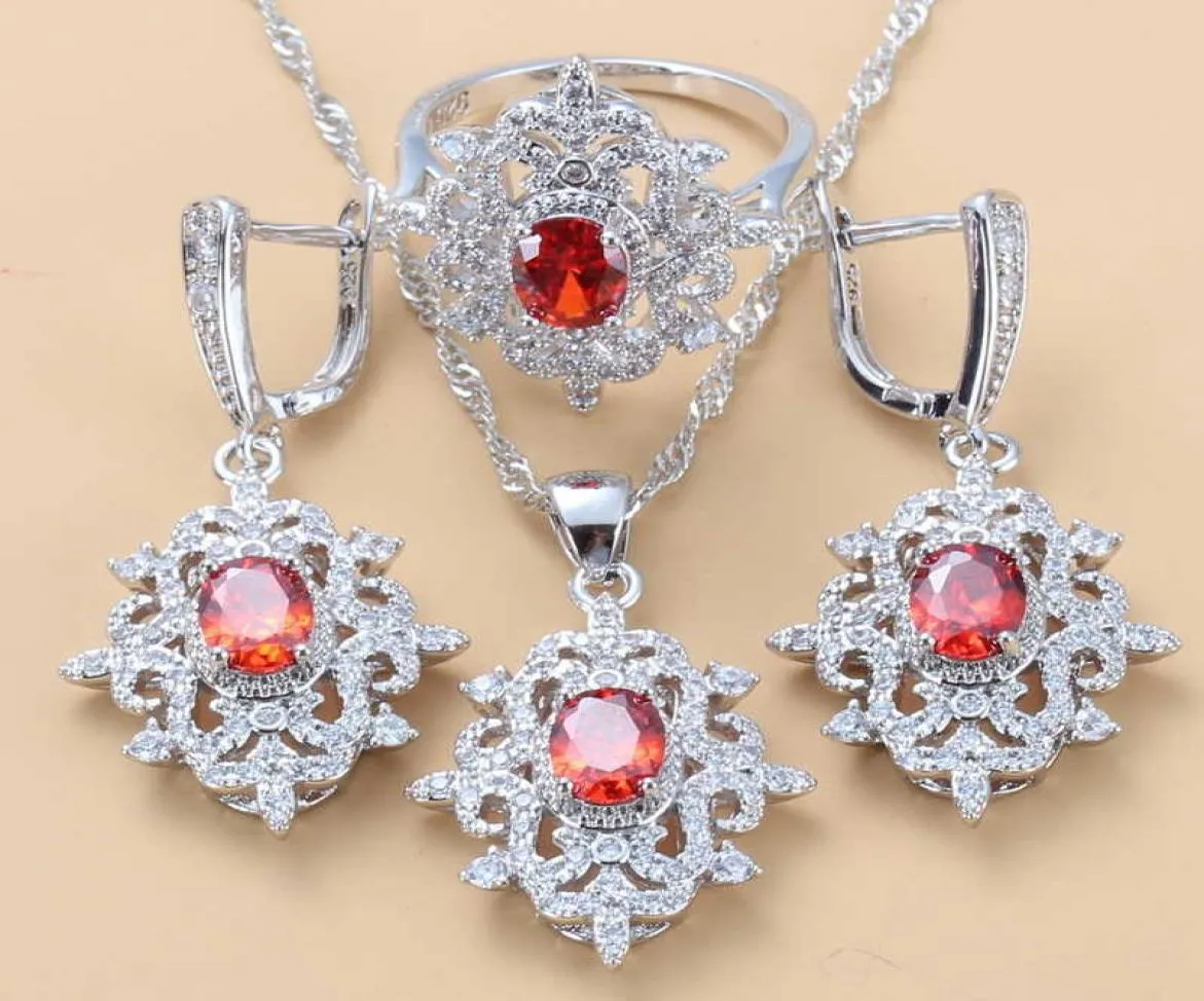 Conjuntos de jóias de figurinos de casamento elegantes para mulheres de casamento de pedra de granada de granada vermelha natural e conjuntos de noivas anel de colar H10228313440