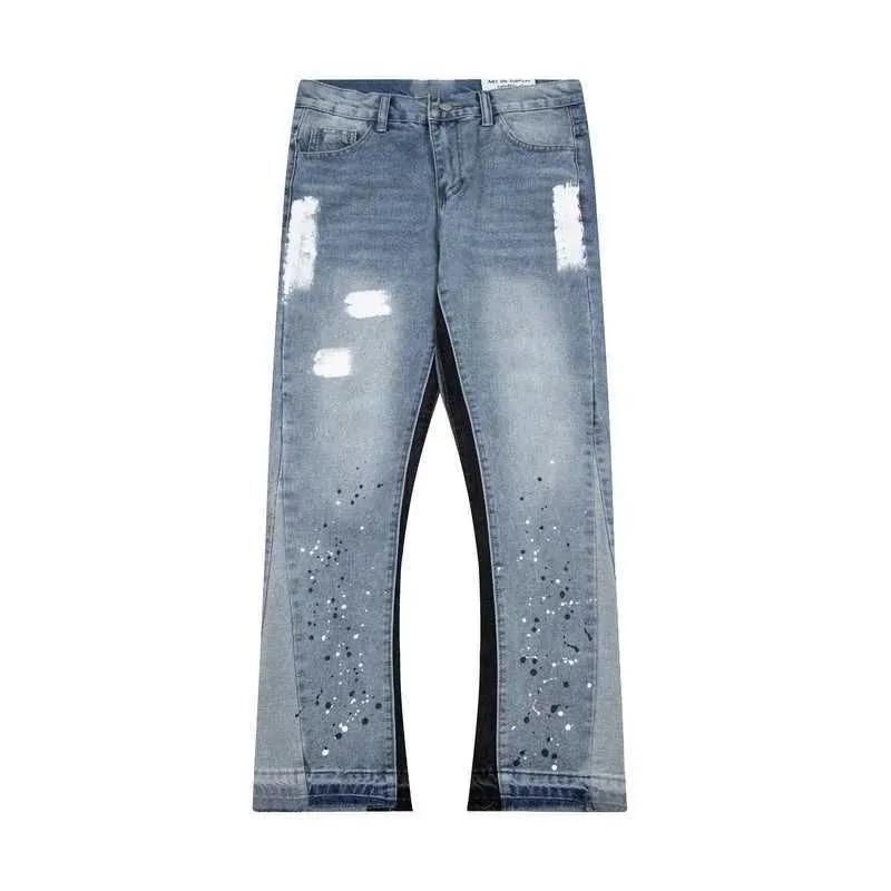 Jeans masculin lavé lettre d'épissage pantalon en denim High Street Trendy Brand Couple lâche Micro-Fared American Retro Water Q240509