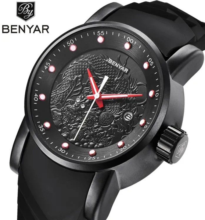 Benyar Watches Men Gold Dragon Watch Male Quartz腕時計
