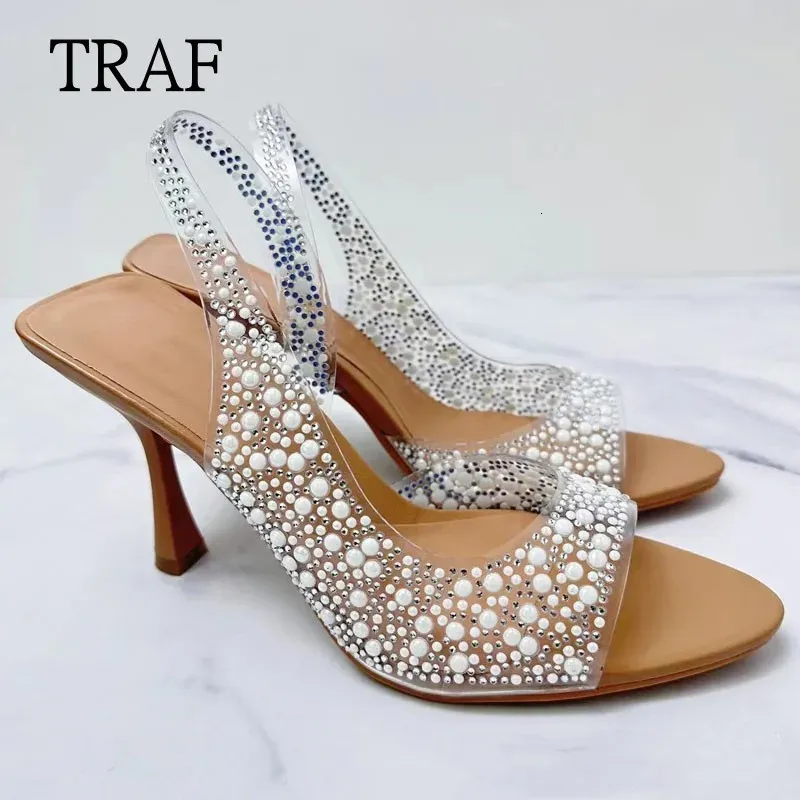 Traf sommer rseestone slingback pumps Frauen hohe heelte sandalen lady elegant specy toe weibliche sexy hohe heels Frau schuh 240428