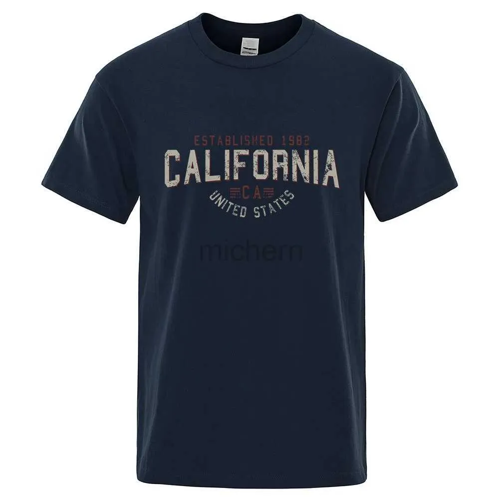 T-shirt maschile istituite nelle magliette da uomo in California USA USA T-shirt estivi di cotone oversize traspiranti e camicie hip-hop in scollo sciolto D240509