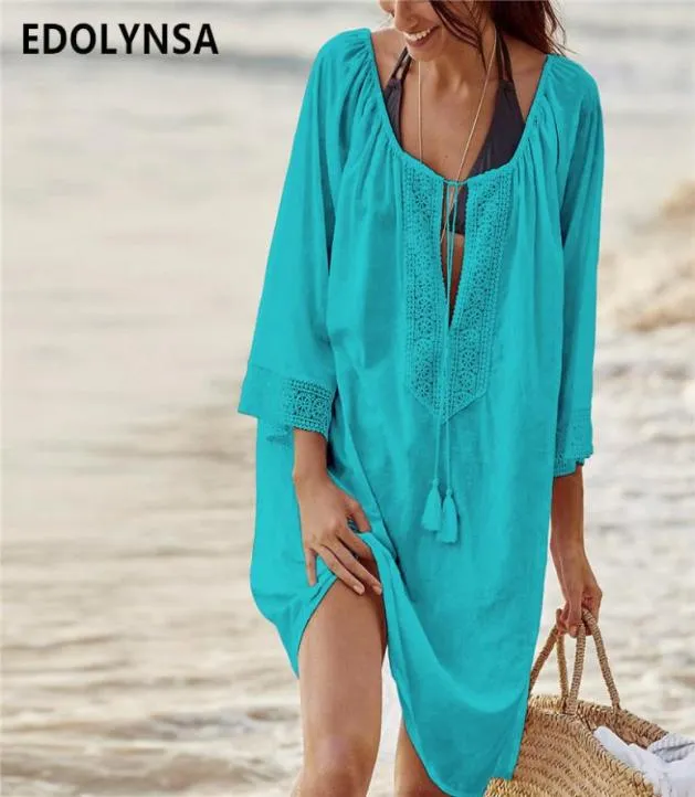 2020 Baumwolltuniken für Strand Frauen Badeanzug Coverups Frau Badebode Beach Cover Up Beachwear Pareo Mini Kleid Saida de Praia Y2009912427