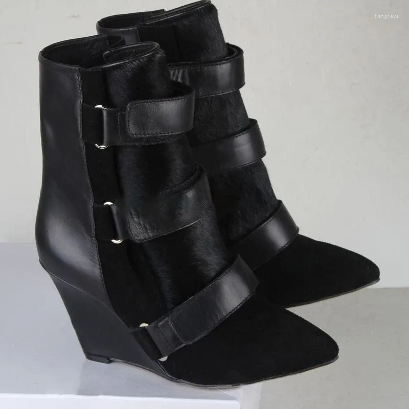 Boots Femme 2024 Black Point Toe Shoes Suede High Heels Ladies Boties Corloge de la cheville Hookloop Winter Big Taille 45