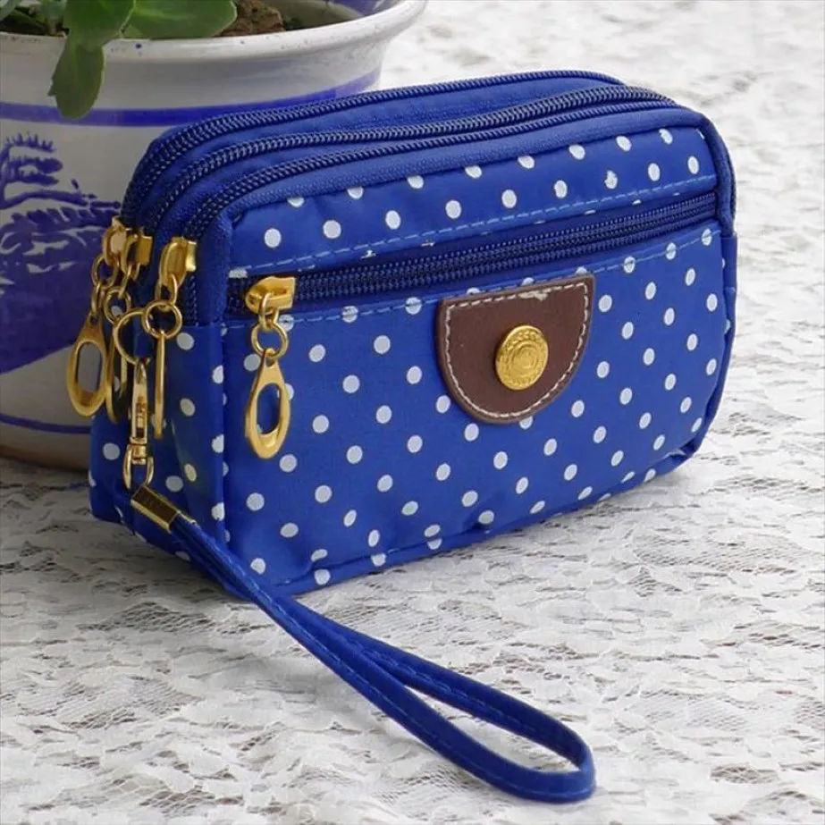 Vente chaude Polka Dots Imprimé Femmes Coin Purse Clutch Wristlet Sac Téléphone Clé Makup Makeup Sac Mélange Femme Carte de crédit Tote 300Q