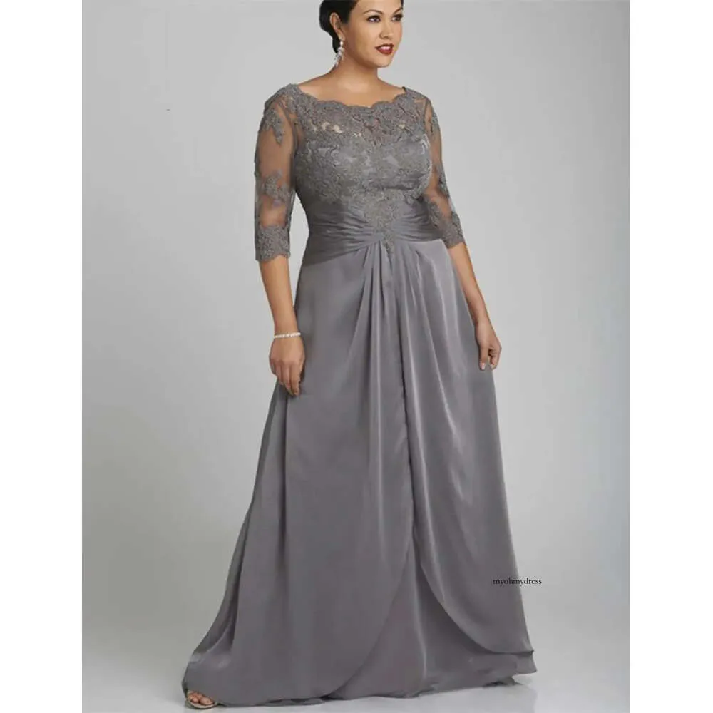 2021 Popular Style Plus Size Gray Mother of the Bride Dress 3/4 Sleeve Scoop Neck Lace Chiffon Floor Length Formal Gowns Custom 0509