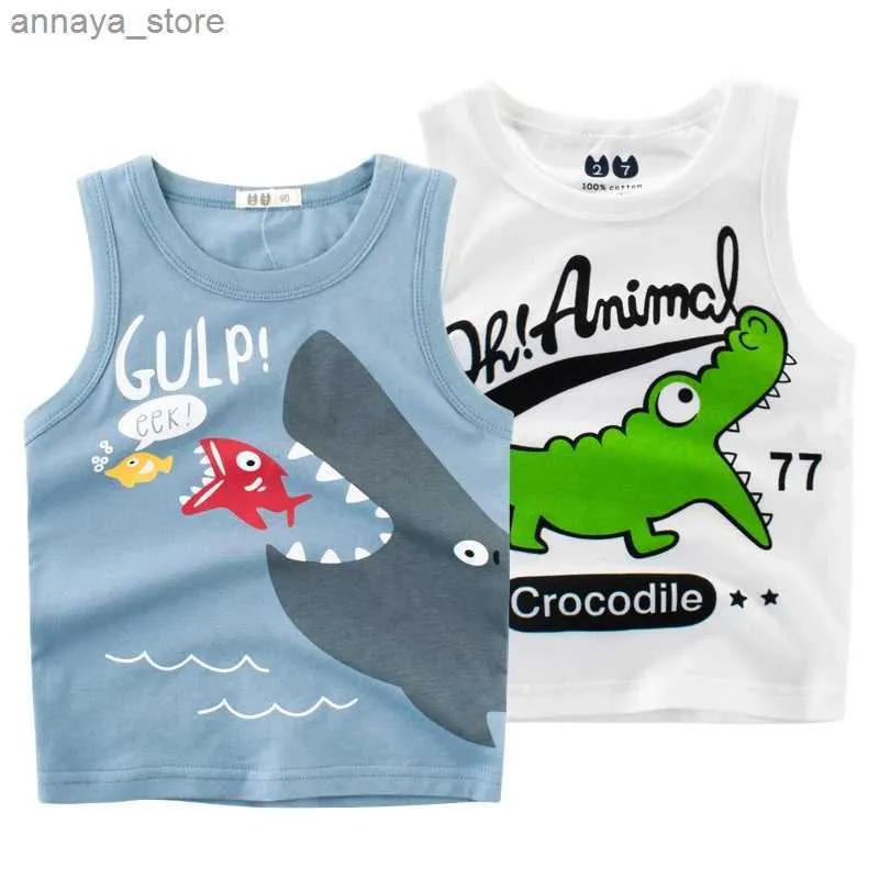 T-shirts 2024 Sommar Ny Cartoon Shark Boys Tank Top Childrens Kläder ärmlös Bomull T-shirt Barnkläder 2-10 år Oldl2405