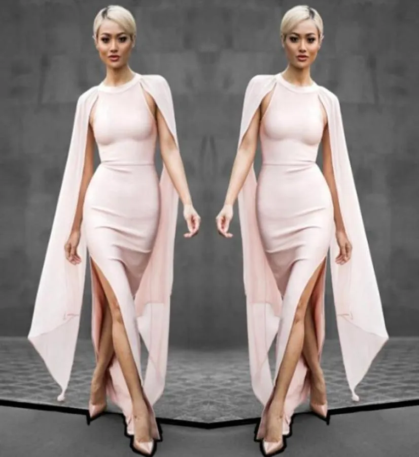 Blush Pink Chiffon aftonklänningar 2018 CAP ärmar SIDA SLIT PROM -klänningar Mantel Golvlängd Formell festklänning billig Vestidos5693859