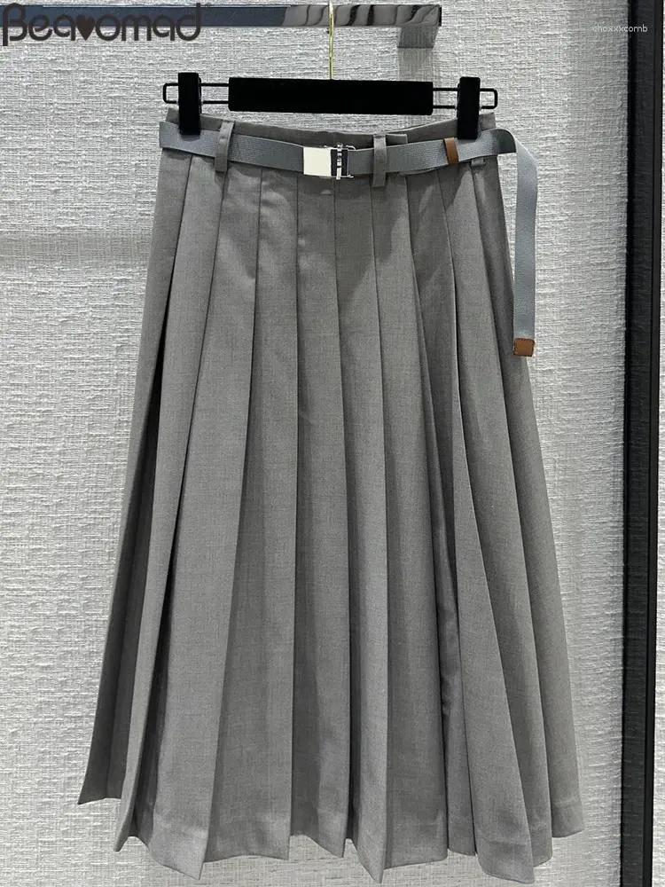 Skirts Fashion Runway Summer Party Grey Color Elegant Long Skirt Women's High Waist Belt Slim A-Line Pleated