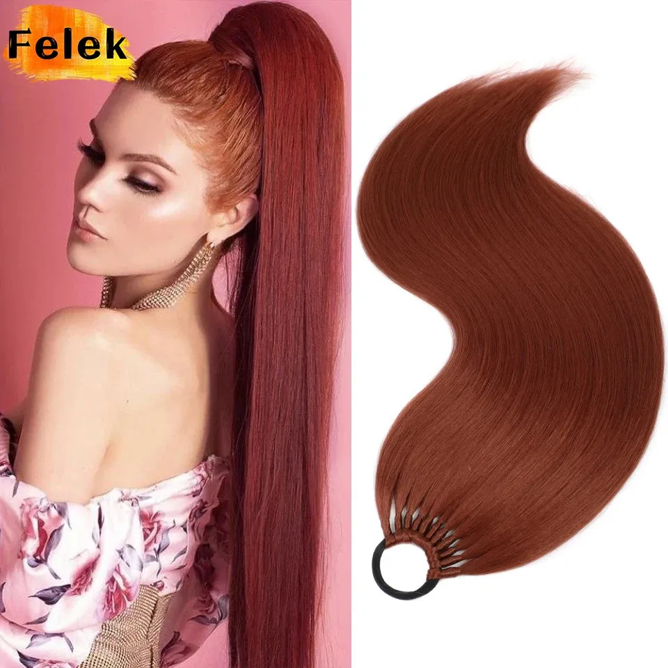 Long Straight Ponytail With Elastic Band Synthetic Hair Heat Resistant 24Inch Wrap Around Tail Fake Hairpiece 240507