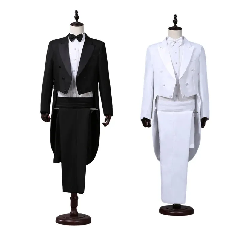 Mens Tailcoat Classic Modern White and Black Basic Style Suit with Singer Magician Stage Jacket Outfits 240419