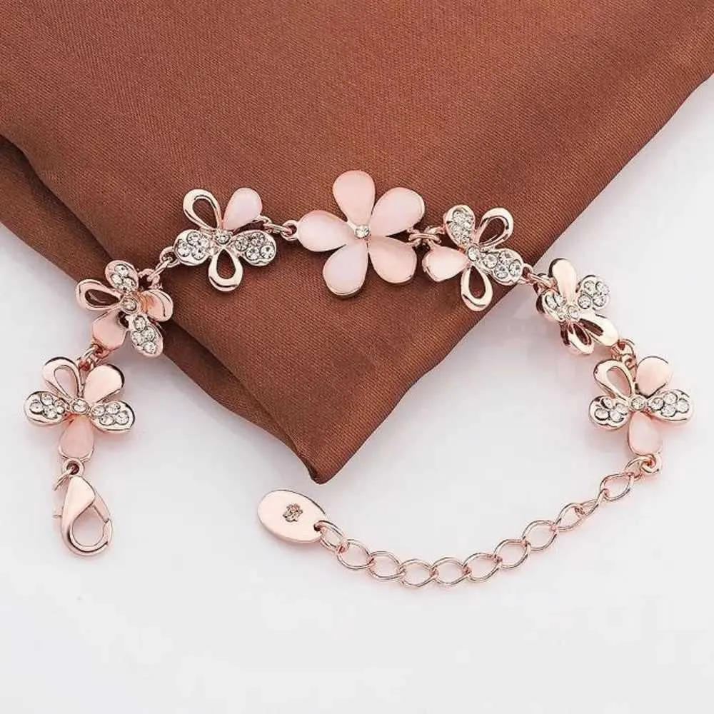 Hochzeitsarmbänder charmant 18K Roségold plattierte Frauen rosa Katzen Eye Opal Blumenkette Armband Geschenk für Frauen Mädchen