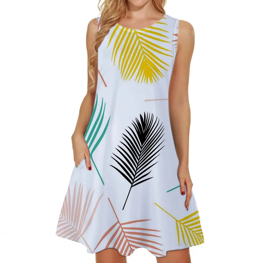 Tropical Palm Leaf Print Sleeveless Knee-Length Sundress for Women - Light Blue Base Color, Black Pattern, Elegant Style