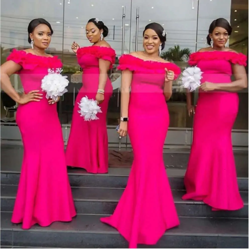 Pink Satin Meerjungfrau Brautjungfernkleider ruffen schulter afrikanische Frauen Lange Hochzeitsfeier Kleid Vestidos Dama de Honor 0509
