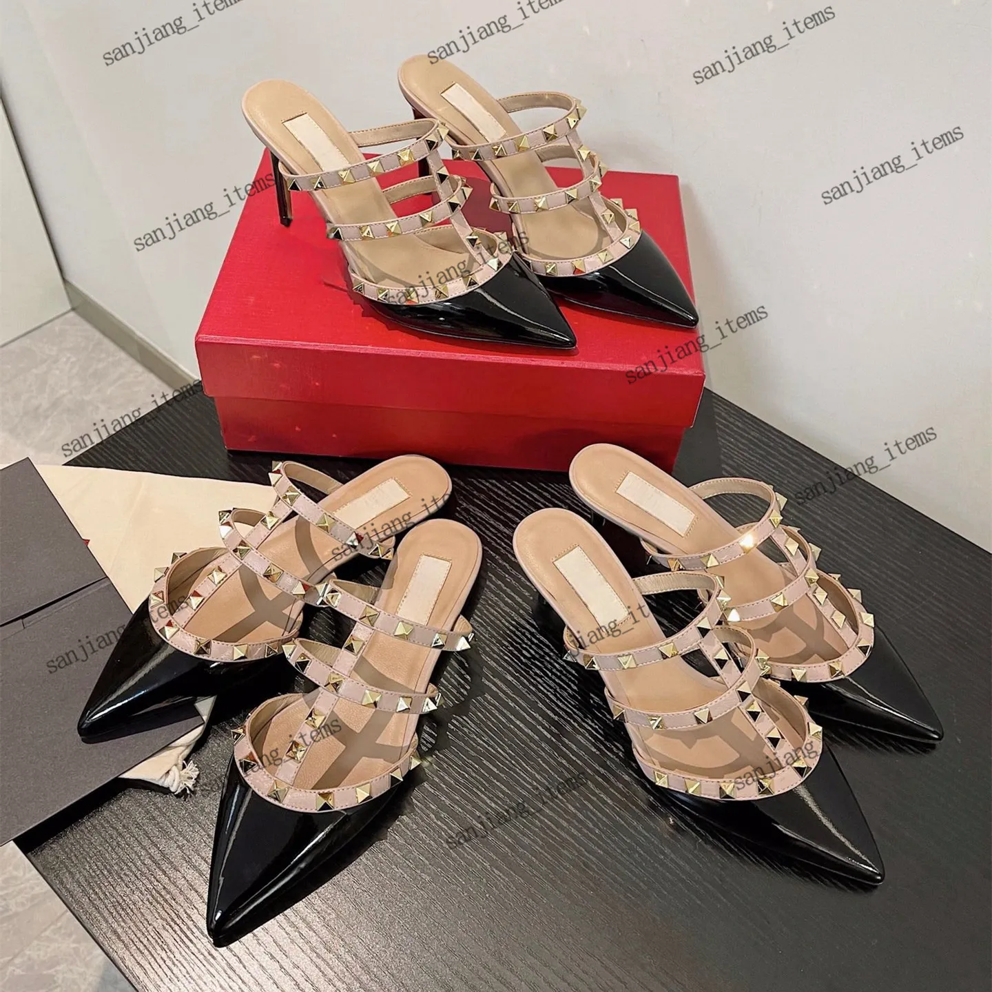 Designer High Heel Rivets Sandal studs Pointed Toe slides studded Strappy slipper Women slingback Dress Shoes slip on mule flats 6cm 8cm pointy stiletto heels pumps