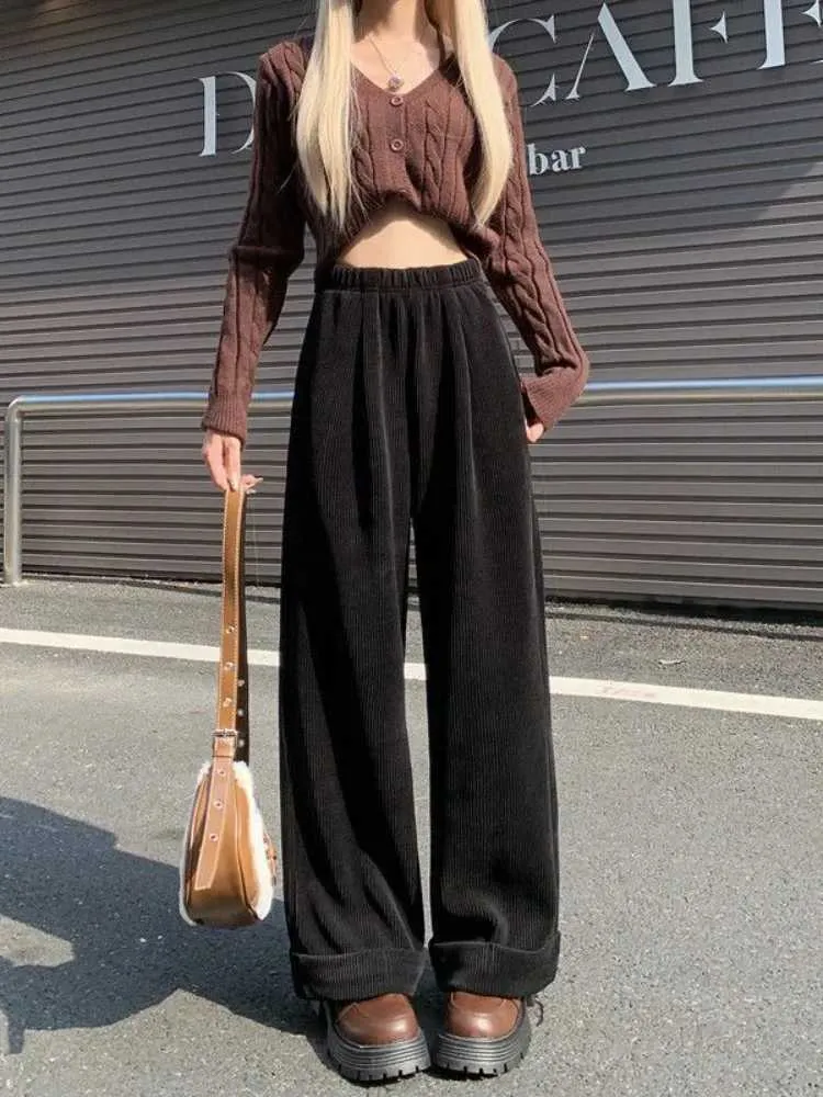 Frauenhose Capris Houzhou Koreaner schwarzer Cord -Cord -Weitbein Hosen Frauen Harajuku übergroß