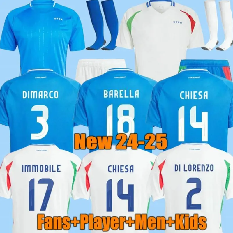 Italys 24 25 Jersey de futebol Maglia Italia 2024 Copa do euro 2025 Camisa de futebol da equipe nacional Homem Kit Kit Set Full Set Italian 125th Anniversary Home Away Chiesa Barella