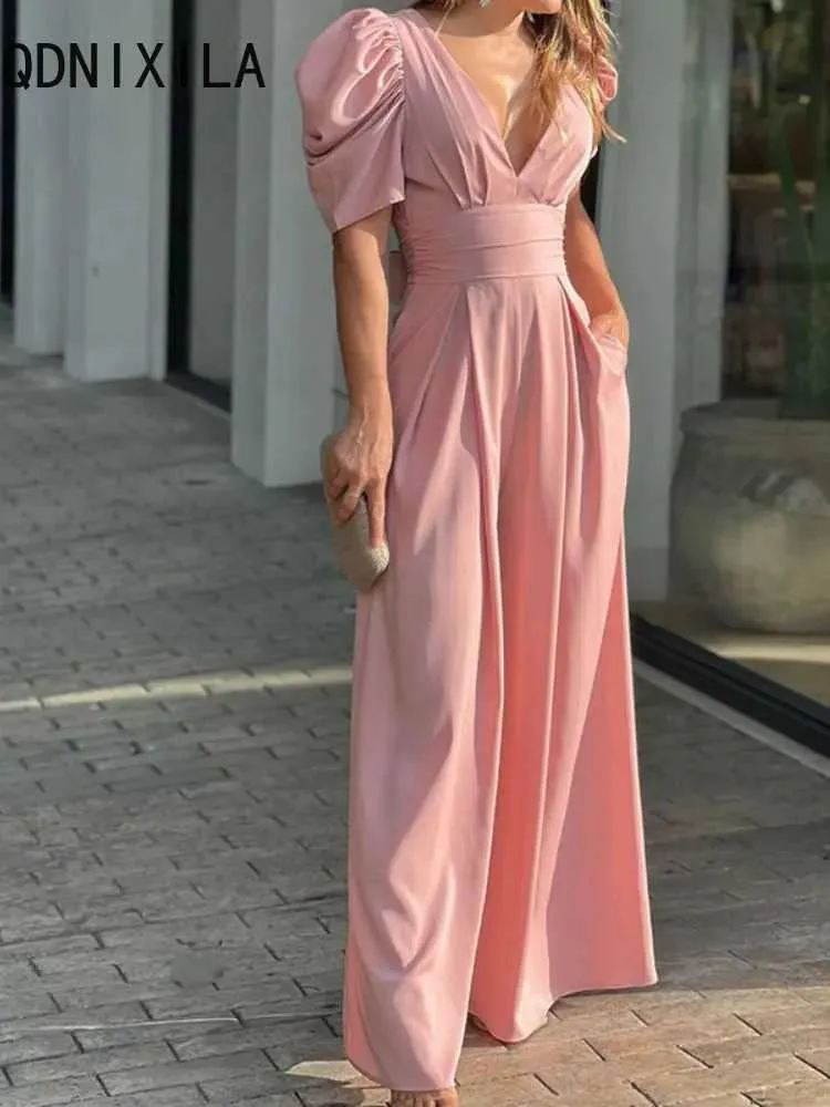 Save Big on Bulk Women's Wide Leg Pants Jumpsuit Women's Summer Jumpsuits:  Sexy V Neck Puff Sleeve Overalls Fashion Solid Color High Waist Wide Leg