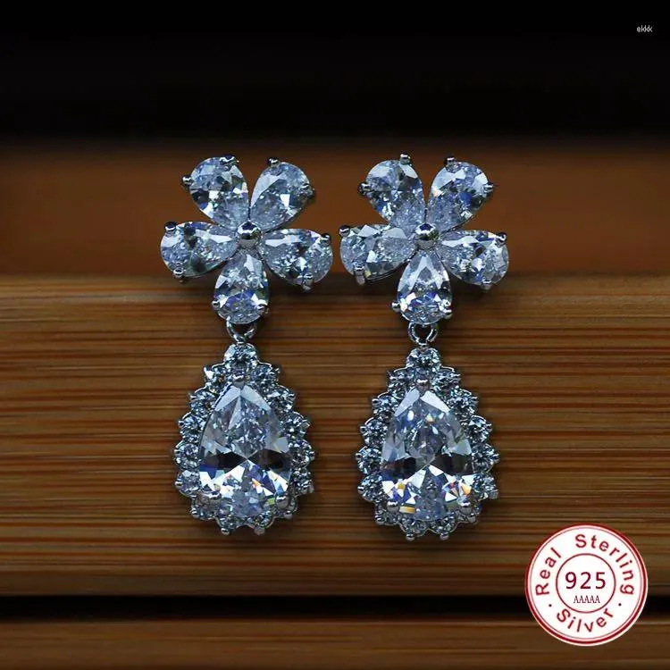 Dangle Earrings Fashion Flower Sparkling Tiny CZ 925 Silver Needle Drop Wedding Elegant Long Earings Bridal Jewelry For Women Gift