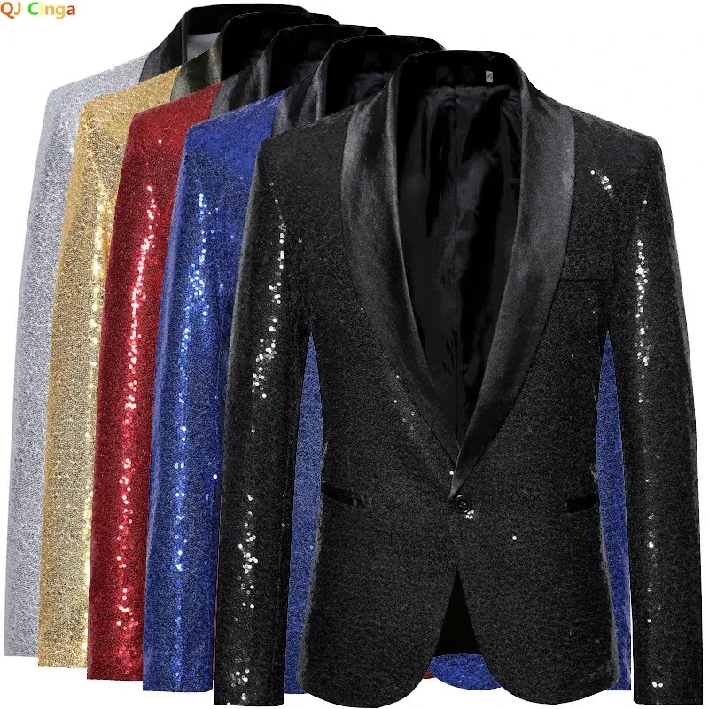 Shiny Gold Sequin Glitter Empelled Blazer Jacket Men Nightclub Prom Suit Coats Mens Costume Homme Stage Clothes for Singers 240507