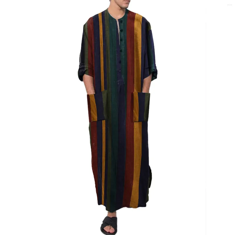 メンズカジュアルシャツ夏ハーフスリーブフローラルハイストリートトップスタイルの長袖のファッションイスラム教徒のローブストライプエスニックブラウスhombre