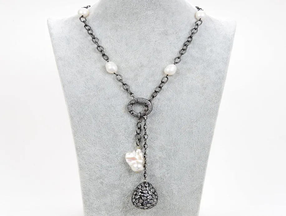 Guaiguai Schmuck kultivierte weiße Reis Perle CZ Gunmetal -Kette Halskette Keshi Perl