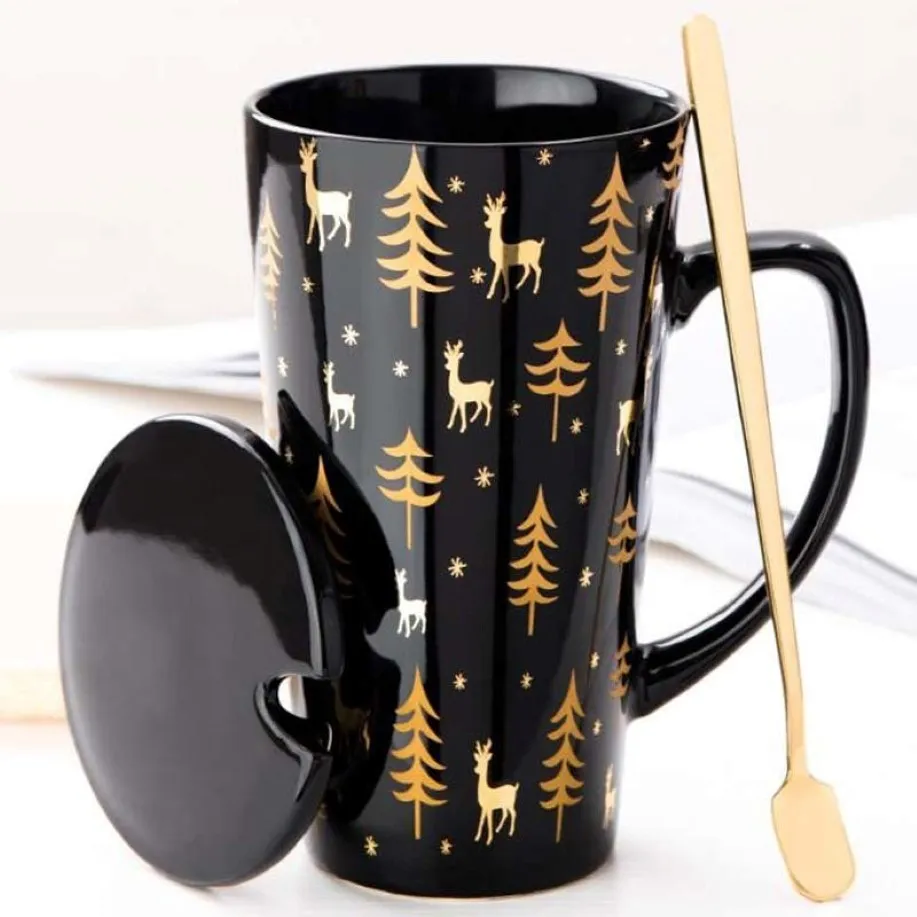 Creative Black White Mug Set Couple Cup with Lid Spoon Personality Milk Juice Coffee Tea Water Cups Easy Carry Travle Home Mug T200506 333D