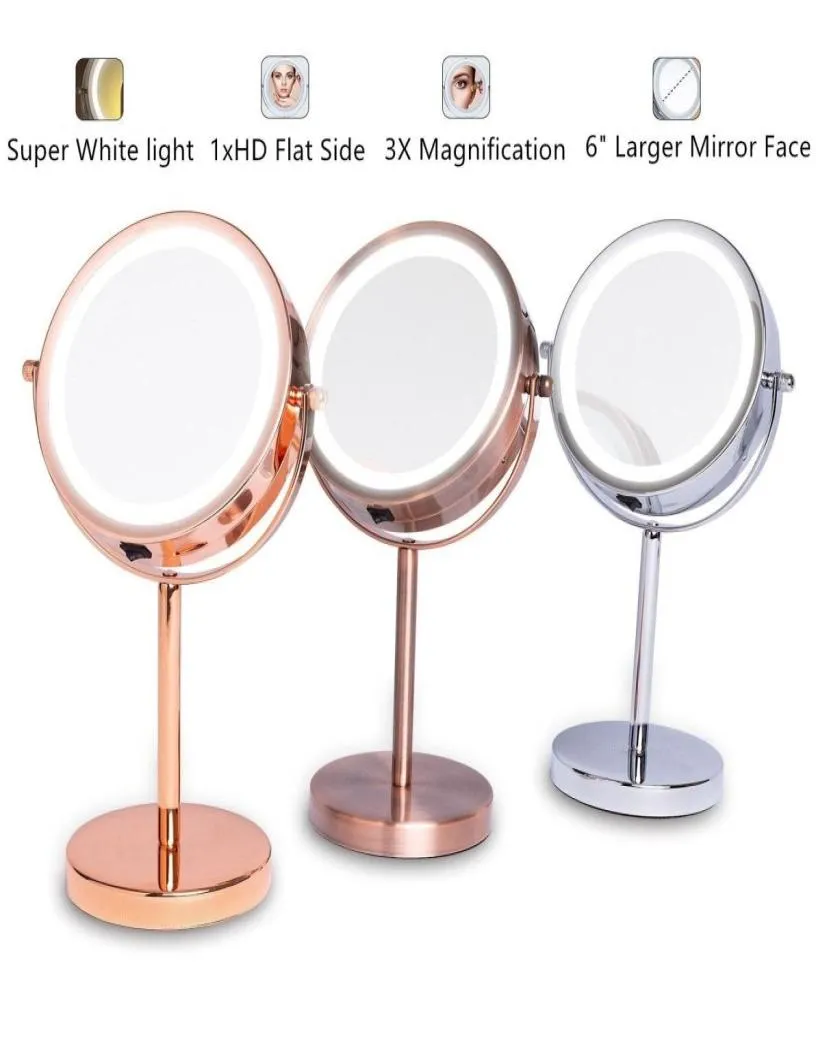6quot 1x3x förstoring dubbelsidig spegel med stativ 18 LED -upplyst bordsskiva kosmetisk spegelbatteri drivs rosegold B1955528