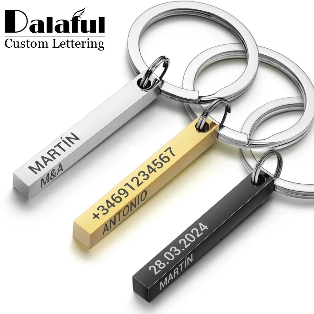 Roestvrij staal gepersonaliseerde sleutelchains 3D Bar Keyrings grave tekstnaam datum aangepaste sleutelketens ringen houder liefde cadeau p039 240506