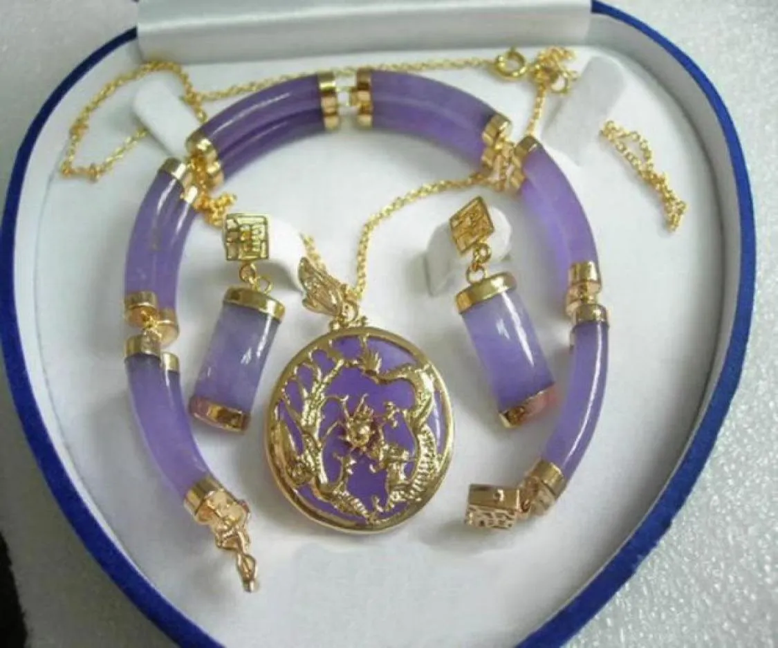 Purple Jade Gold Fortune Dragon Phenix Bransoletka Wisidant Naszyjnik 34355307134534