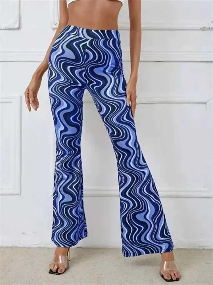 Calças femininas Capris de cintura alta e calça larga de pernas largas ondas de água da moda da moda Impressão da academia apertada Casual 2023 Roupas novas q240508