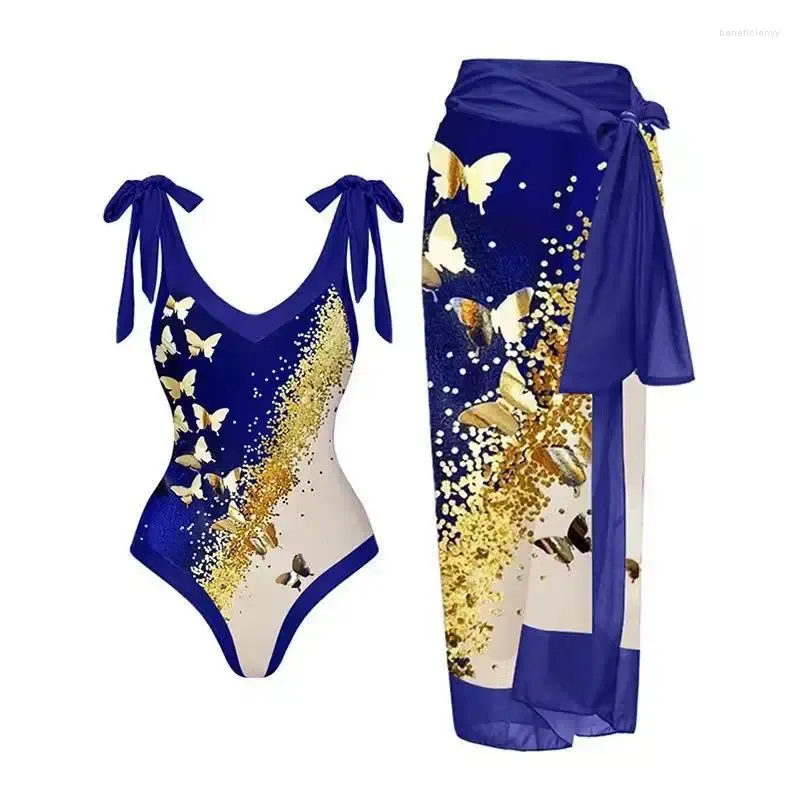 Damskie stroje kąpielowe 2024 One Piece Swimsuit for Women Blue Print Boting Bikini Suit Pasek plażowy z szyfonową długą spódnicą