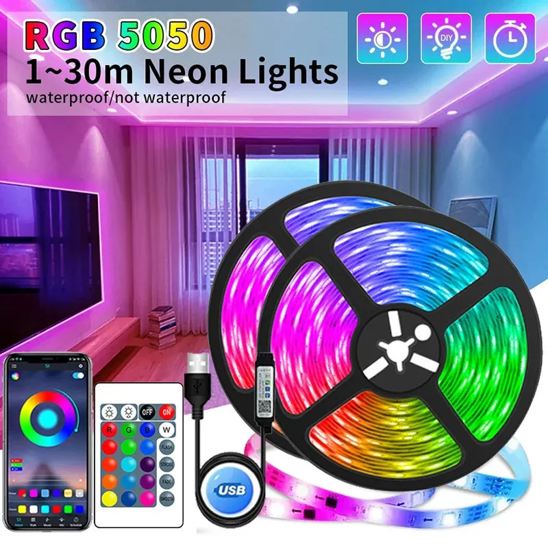 USB LED Strip Lights APP Control Color Changing 5050 RGB Led Light Flexible Lamp Tape for Room Decoration TV Backlight Diode 240508