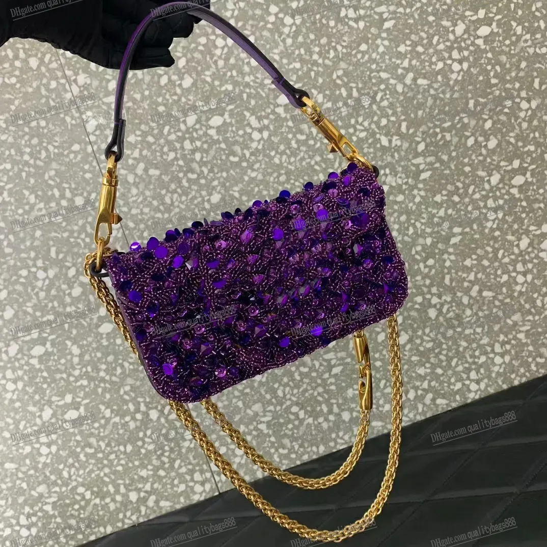 Lüks tasarımcı elmas mini lokomotu omuz çantaları düzensizlik kristal çanta baget çanta gümüş mor ton donanım zinciri crossbody üst tutamak el çantaları akşam