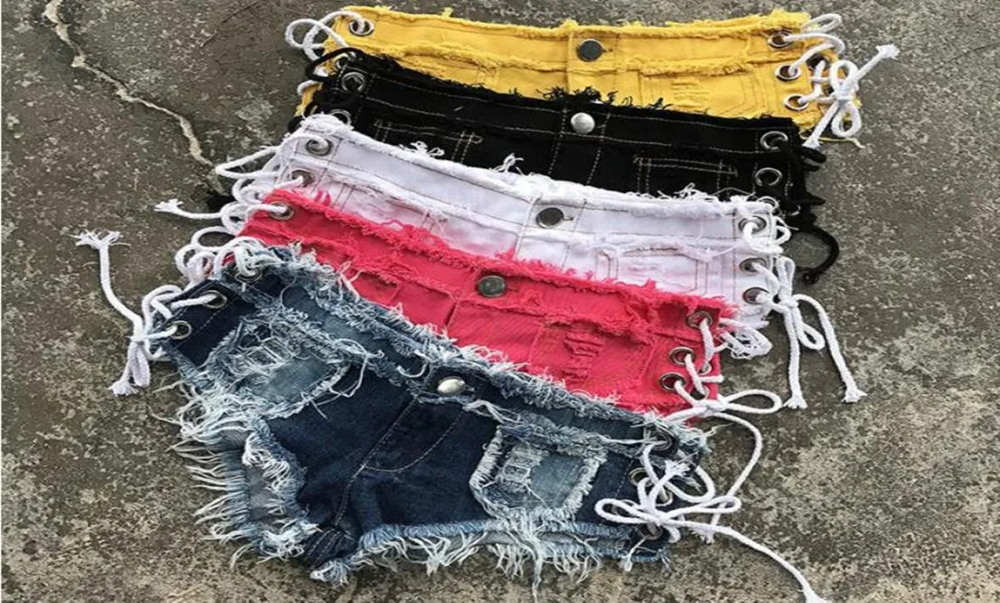 Cortos de jeans de qualidade shorts Trassel Rapped Lace Up Cut Off Ultra Low Waist Jeans Denim calças calças de praia sexy KC0063005989