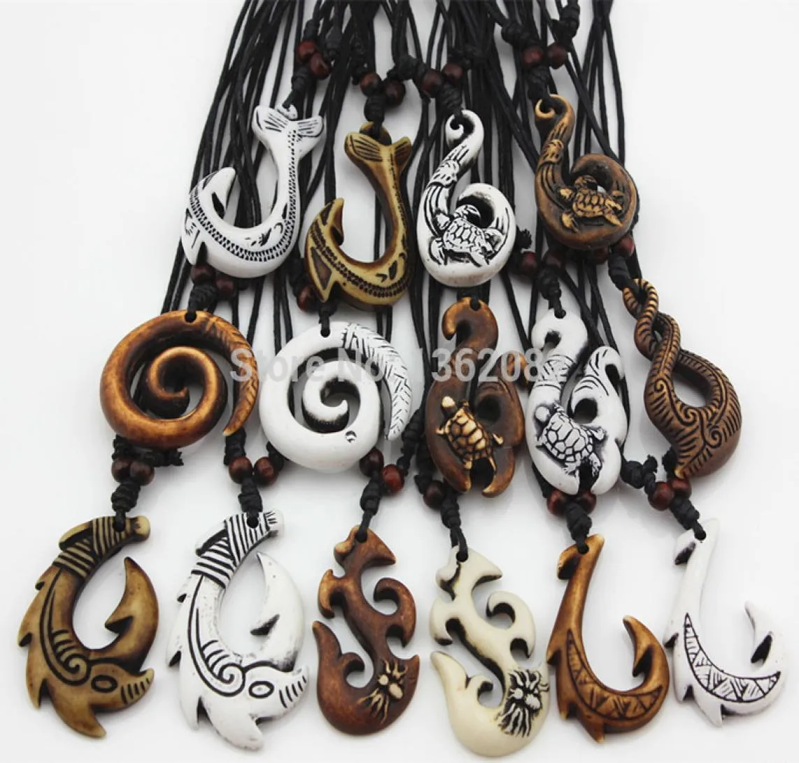 15pcslot Mixed Hawaiian smycken Imitation Bone Carved NZ Maori Fish Hook Pendant Necklace Choker Amulet Gift YN5426218207