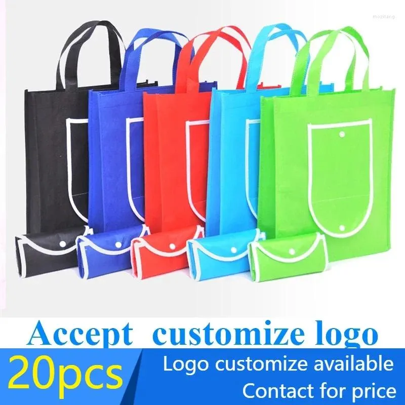 Sacs de rangement 20 pièces Sac à provisions non tissés avec poignée Easy Carry Fold dans le portefeuille Faveur réutilisable Logo personnalisé tissé