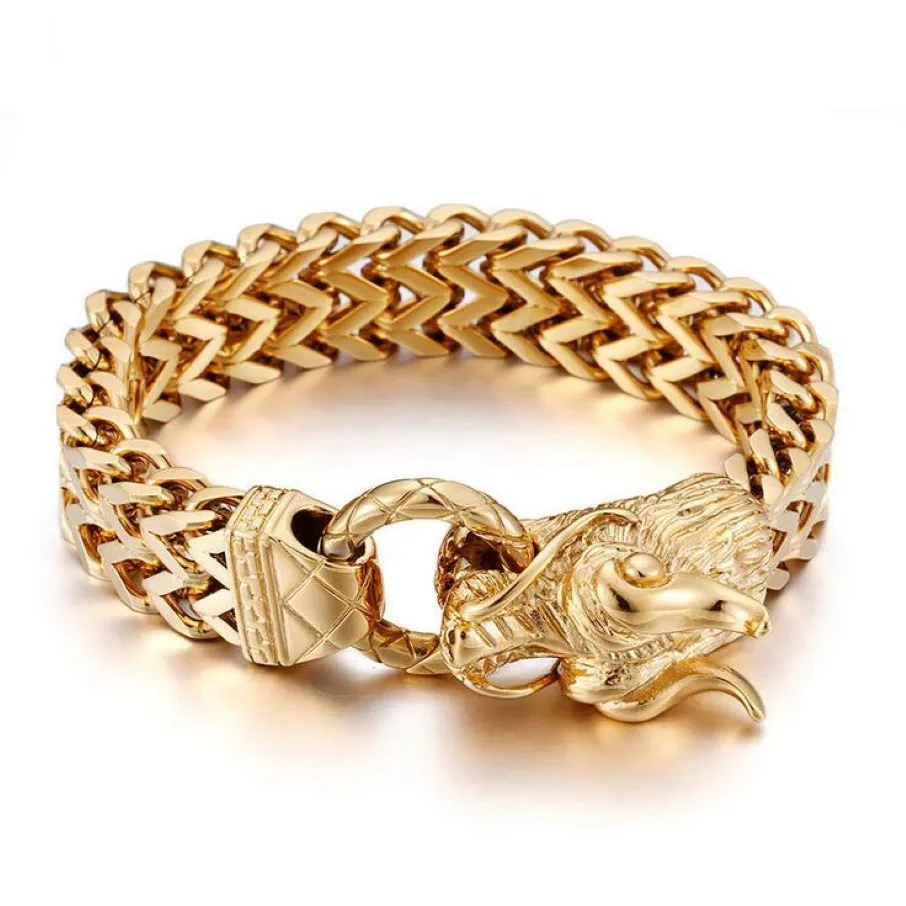 Punk rock 25cm dragon head cool masque bracelets bangles gold couleur inoxydless en acier chaîne liaison bracelet hommes bijoux 255g