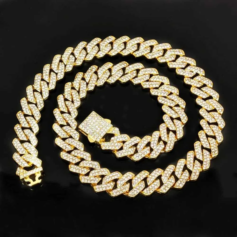 Ketten HipHop Männer Frauen 14mm Stange Kubaner Linkkette Halskette Bling aus 2 Reihen Strass a ättigte Miami Rhombus Kubanische Armband Schmuck D240509