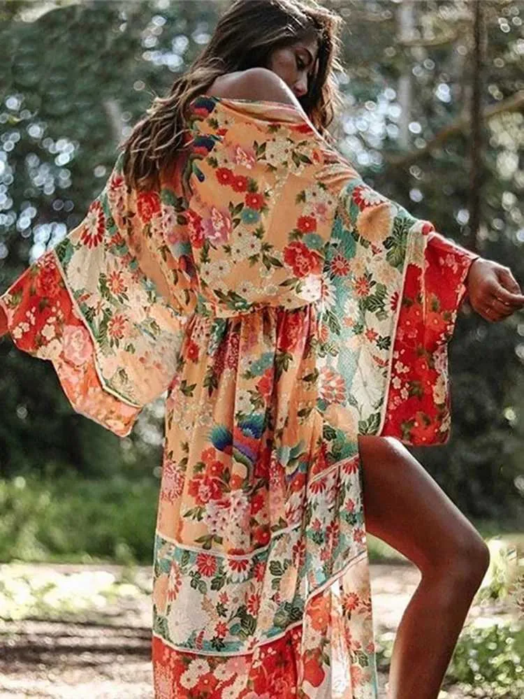 Femmes plage Wearshinling Vintage Print Floral Beach Cover Up Summer Swimwear Bikini Outwear Flare Slve Oversize Bohemian Long Cardigans T240508